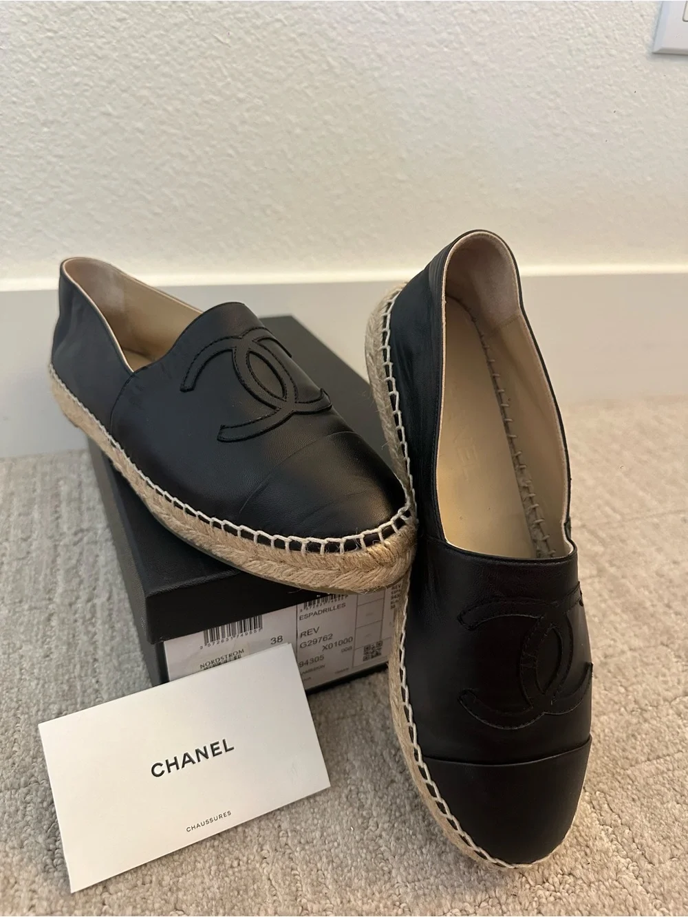 CHANEL Black Leather Espadrille Flats with Interlocking CC